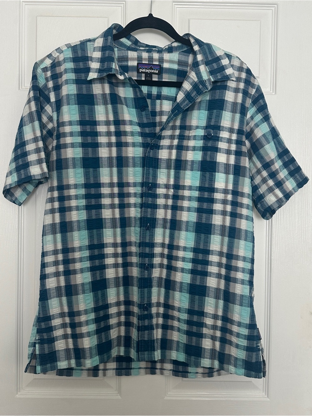 Patagonia Short-Sleeve Plaid Button-Down in Teal, Navy & White
